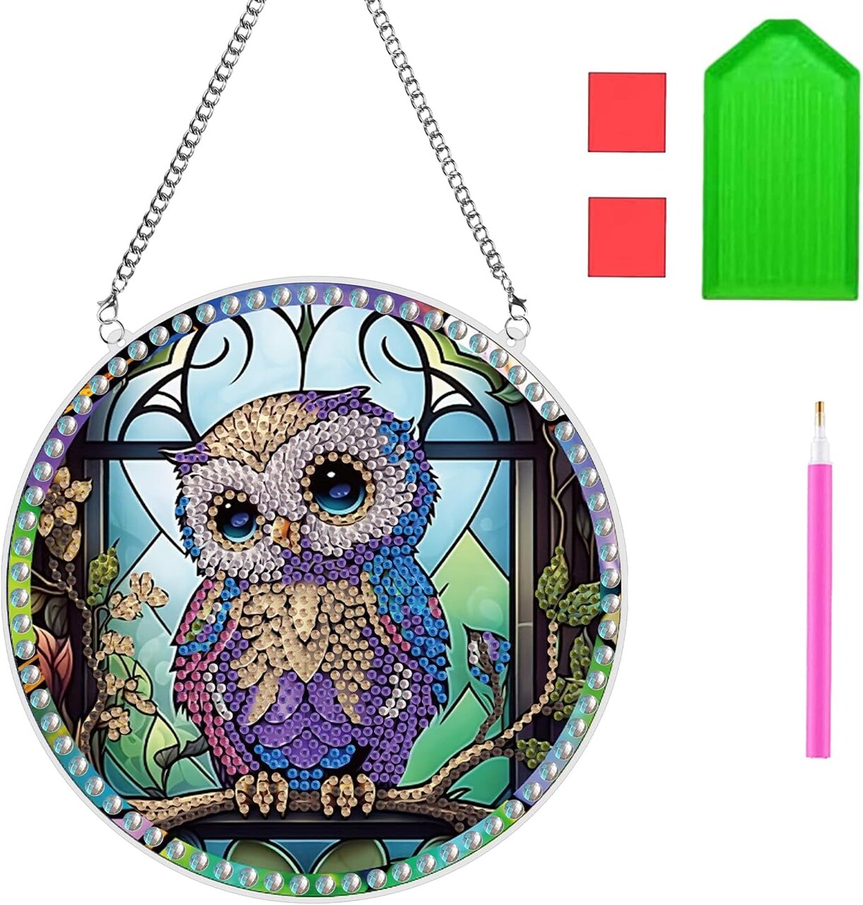 Diamond Art Painting Kits for Adults Beginners with Tools, DIY Crystal Art Paints by Numbers Window Pendant for Home Garden Wall Ornament Decor Gift, Owl